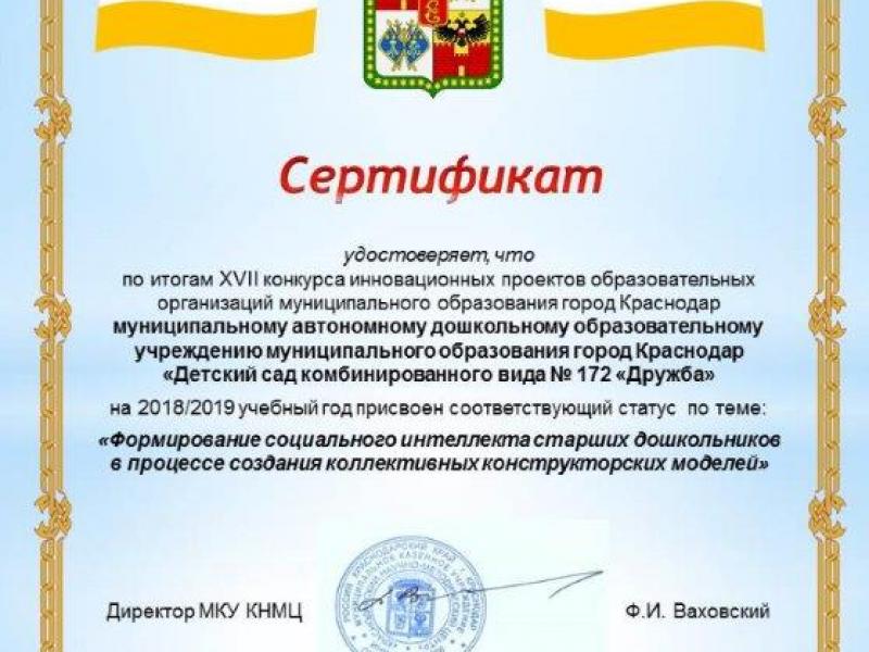 Сертификат по итогам конкурса инновационных проектов на 2018-19гг.